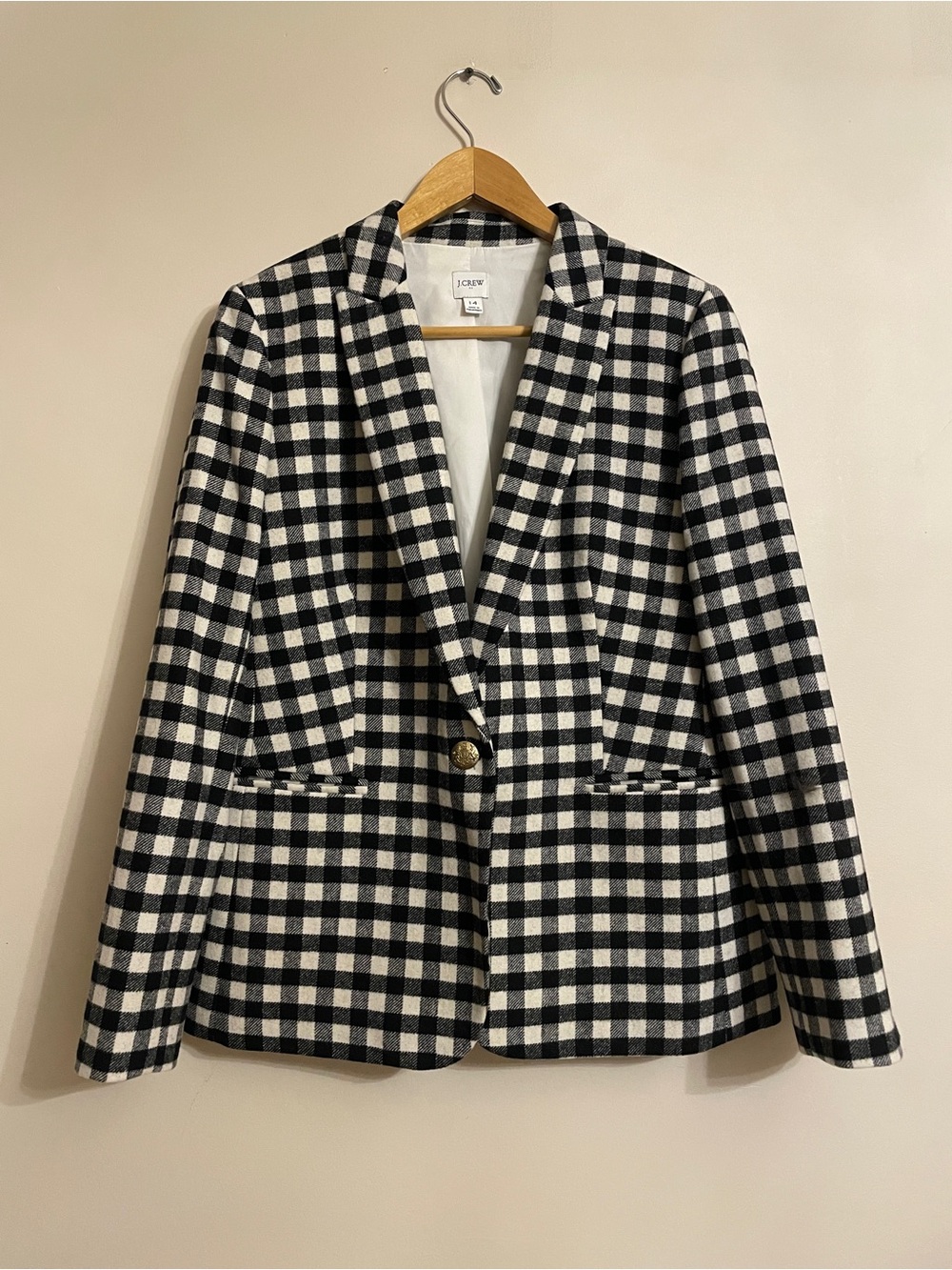 J.Crew Black White Gingham Wool Blend Blazer Gold Buttons Size 14